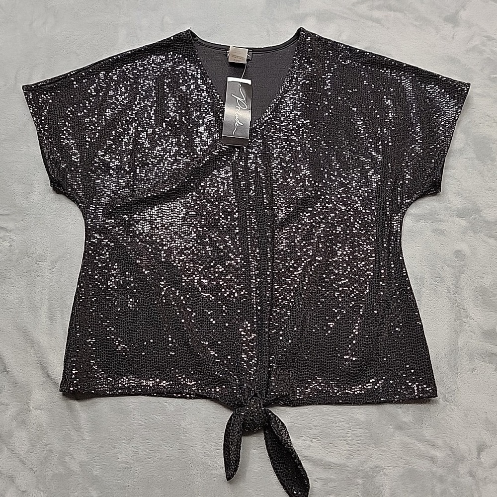 VTG Prelude Shirt Womens M Black 3861146K Sequin V-Neck Tie Front Made In USA